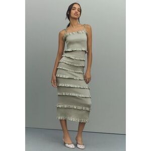 V. Chapman Lily Ruched & Ruffled Stretch Satin Midi Dress in Sage